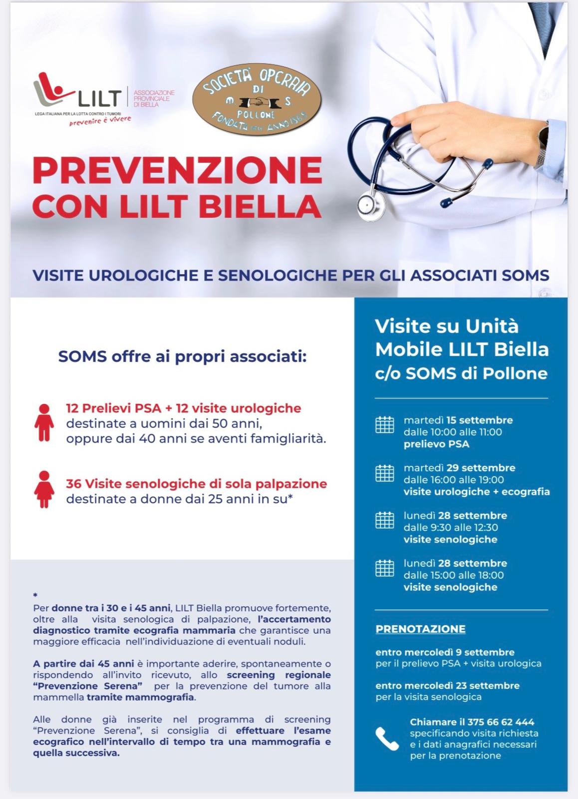 Prevenzione con LILT Biella: visite urologiche e senologiche per gli associati SOMS