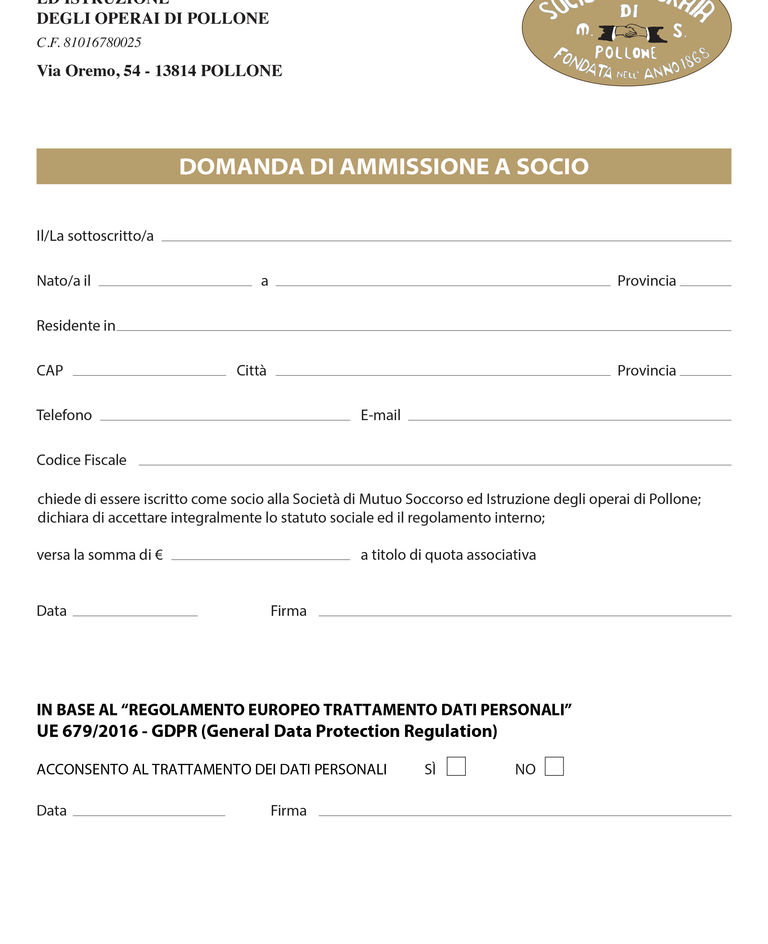 Modulo di domanda di ammissione a socio della SOMS Pollone