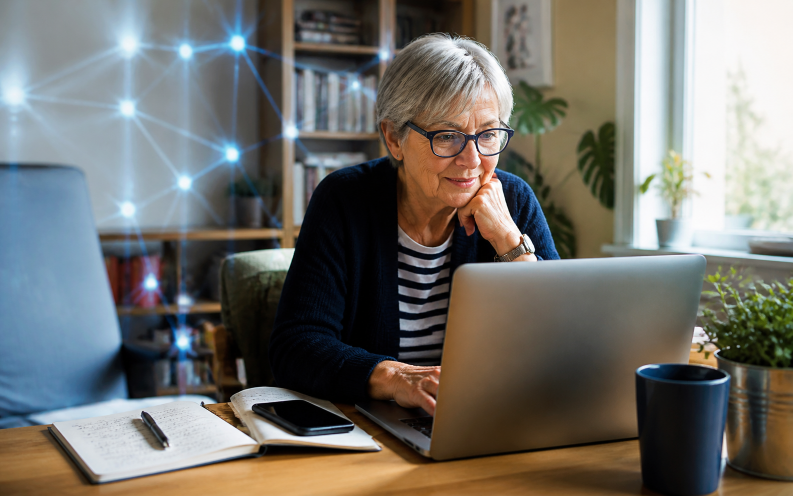 Signora con occhiali che utilizza un computer portatile a casa, con una rete digitale luminosa sullo sfondo